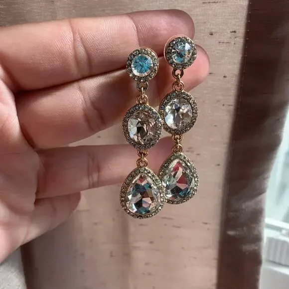 Long Stud Dangle Three Gem earrings - Picture 2 of 3